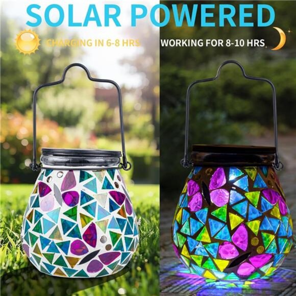 Mosaic Solar Lanterns-Glass HangingLights Butterfly HollowOut Waterproof Outdoor - Picture 3 of 7